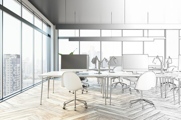 Sketch of contemporary coworking office interior with furniture, equipment and panoramic window with city view and daylight. 3D Rendering.