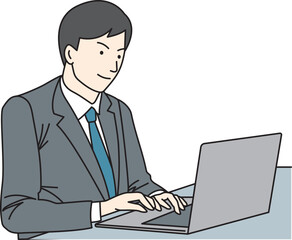Oriental man in suit using laptop computer