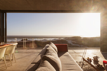 Modern living room overlooking ocean