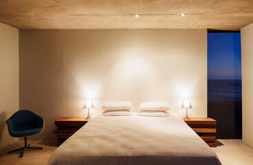 Illuminated lamps and bed in modern bedroom