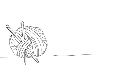 Knitting isolated on white background. Line art threads and knitting needles. One line continuous vector illustration. 
