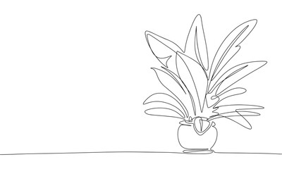 Houseplant in pot isolated on white background. Line art home plant. One line continuous vector illustration. 