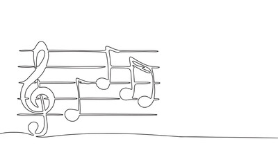 Musical notes and treble clef isolated on white background. Line art music. One line continuous vector illustration. 