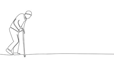 Senior man with stick isolated on white background. Line art elderly man. One line continuous vector illustration. 