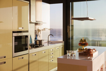 Modern kitchen overlooking ocean