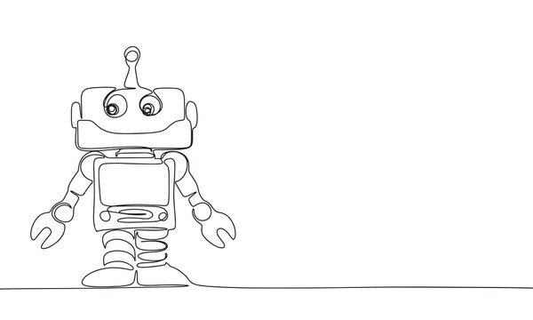 Retro robot isolated on white background. Line art robot toy. One line continuous vector illustration. 
