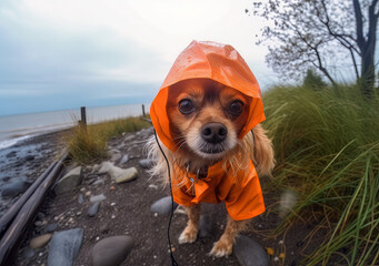 a small dog wearing a clear raincoat is walking, in the style of humorous tone