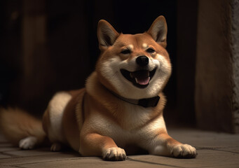 an shiba nigai is sitting on the ground and is smiling