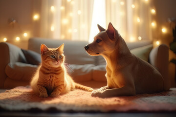 cute cat and dog on the sofa, in the style of light red and light amber