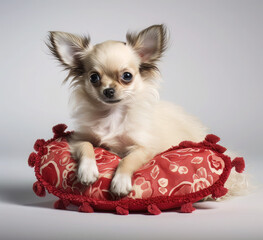 cute chihuahua puppy lying near a red heart cushion, in the style of poodlepunk
