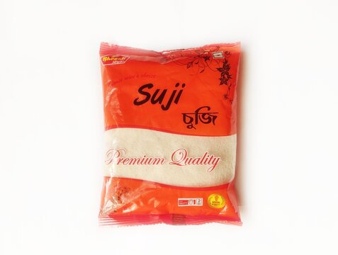 Guwahati, Assam, India - January 27, 2023 - Bhogali Jalpan Suji Premium Quality Semolina pack in isolated background.