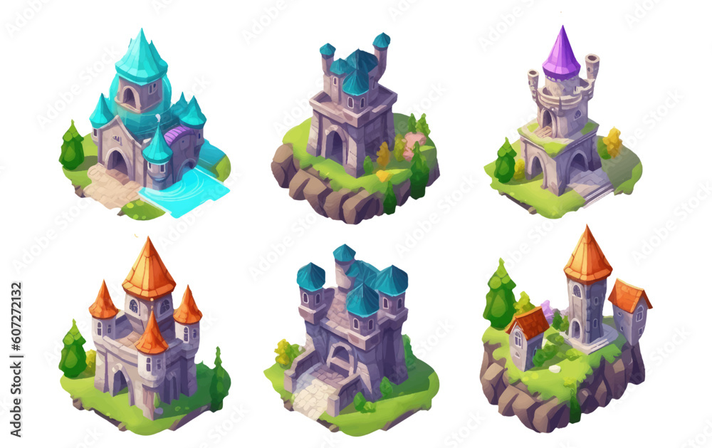 Wall mural ui set vector illustration of castle on island mountain isolated on white background - Wall murals