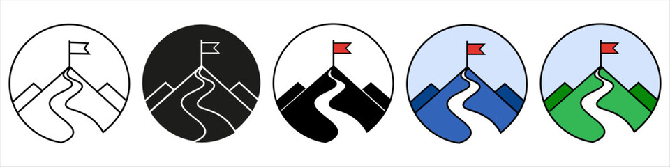 Icon with a flag on the top of the mountain. Goal concept