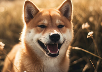 young shiba inu puppy smiling, in the style of cinestill