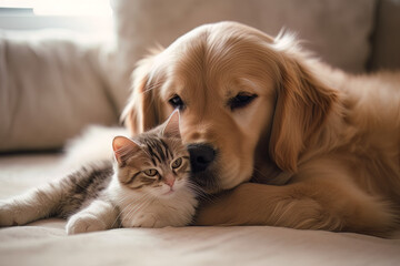 puppy cuddle cat & dog cuddles, in the style of soft focus, light red and gold