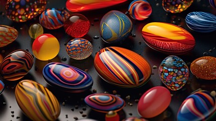 Obraz premium Beautiful background with multi-colored glass spheres and polished stones. Generative AI. Illustration for brochure, cover, poster, presentation, flyer or banner.