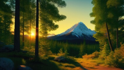 Perfect view of the landscape of sunset golden hour the mountains and forest. Generative AI