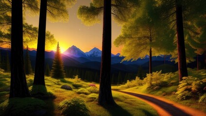 Stunning view of the landscape of sunset golden hour the mountains and forest. Generative AI
