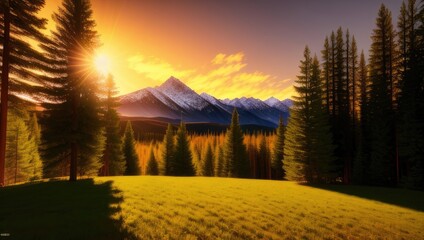 Fototapeta na wymiar Stunning view of the landscape of sunset golden hour the mountains and forest. Generative AI