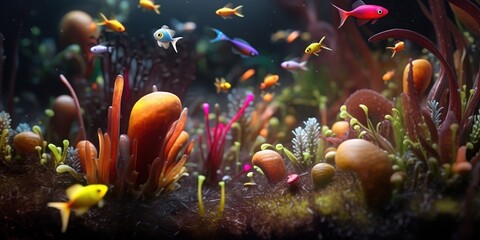 Fototapeta na wymiar Tropical fish swimming in an aquarium. Underwater world. Generative AI. Illustration for brochure, poster, presentation, flyer or banner.