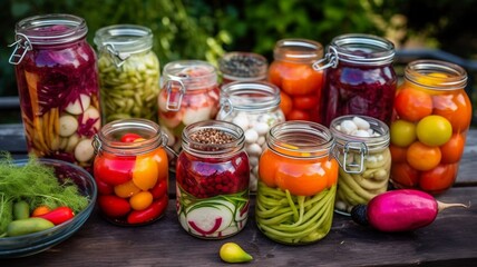 Jars of pickled vegetables and fruits in the garden Generative AI