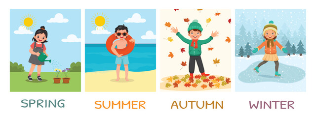 Obraz na płótnie Canvas Happy kids different activities in four seasons spring, summer, autumn, winter