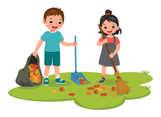Cute little kids boy and girl raking fallen autumn leaves into plastic bag cleaning up in the garden