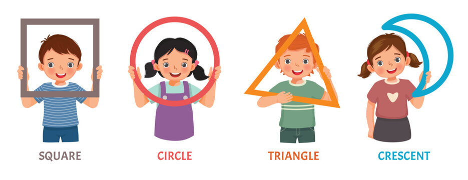 Cute kids with basic geometric shapes such as square, circle, triangle, crescent