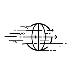 World icon with digital circuit symbol and dash line arrow moving rapidly. Fast changing world concept. Vector illustration outline flat design style.