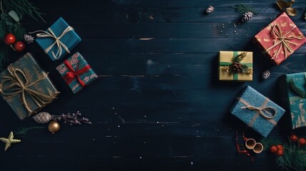 A Christmas presents and holiday banner on a dark blue background. Generative ai