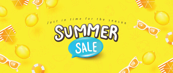 Summer sale promotion poster banner with summer tropical beach vibes yellow background