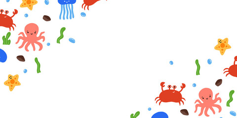 Naklejka premium banner of cute ocean cartoon copy space