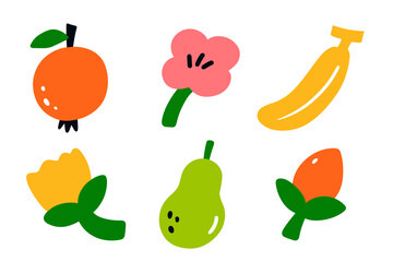 set of cute tropical flower and fruit