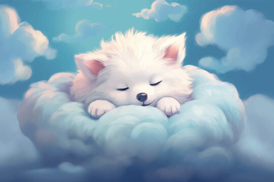 Super cute fluffy puppy is sleeping on the clouds. Funny little dog is lying on a soft pillow. Pup. Fantasy Cartoon character in the sky. Fairy tale. Soft colors. 3d illustration for children