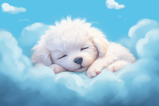 Super cute fluffy puppy is sleeping on the clouds. Funny little dog is lying on a soft pillow. Pup. Fantasy Cartoon character in the sky. Fairy tale. Soft colors. 3d illustration for children