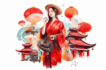 Woman traveler conceptual illustration. Asia journey. Symbol of Asia contries. White background banner. Generative AI