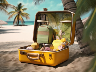 Open yellow suitcase with things for tourism travel on the beach with palm trees