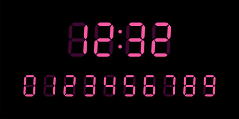 Pink digital glowing numbers for Lcd electronic devices screen isolated on black background. Clock, timer concept. Vector Illustration.