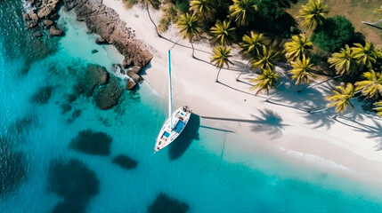 Fototapeta na wymiar Aerial view of luxury yacht with palm trees on tropical beach. Generative AI.