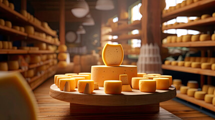Collection of cheeses on a wooden table in a cheese factory. Generative AI.