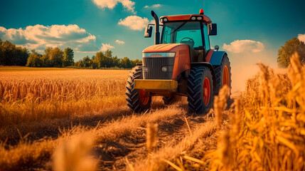 Fototapeta premium Tractor in wheat field. Tractor working in the field. Generative AI.