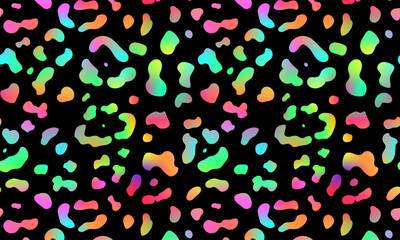 Trendy Neon Leopard pattern horizontal background. Vector rainbow wild animal cheetah skin, gradient leo textured rainbow spots on black for fashion print design, textile, wrapping, background.