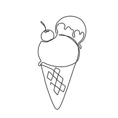 Continuous one line drawing of ice cream waffle cone. Vector, png on transparent background	of hand drawn dessert with cherry on linear style