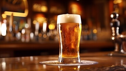 Glass of beer on a bar counter in a pub or restaurant. Glass of beers on a local pub, low angle view.