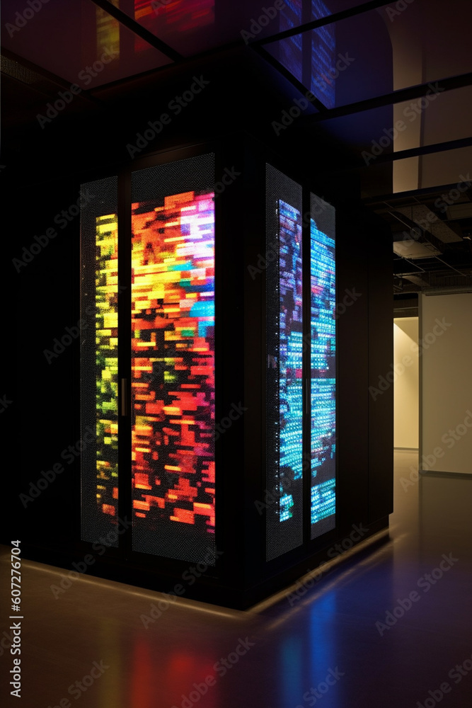 Fototapete  A mixed media installation incorporating physical server components and digital elements to create an interactive artwork,  Generative AI technology.