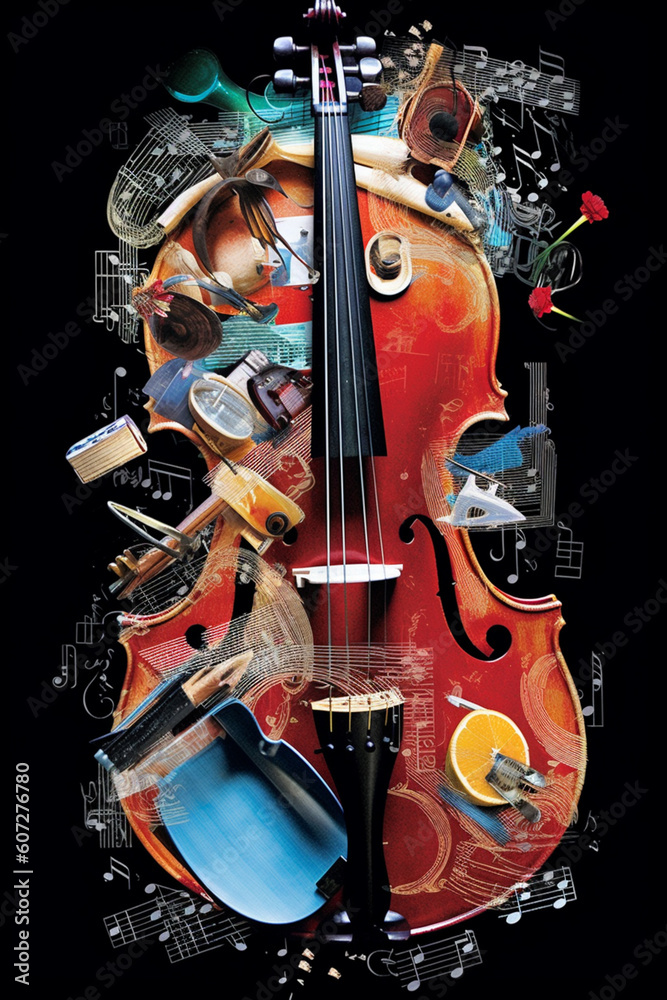 Aufkleber a collage artwork combining musical notes, sheet music, and instrument illustrations, creating a vis