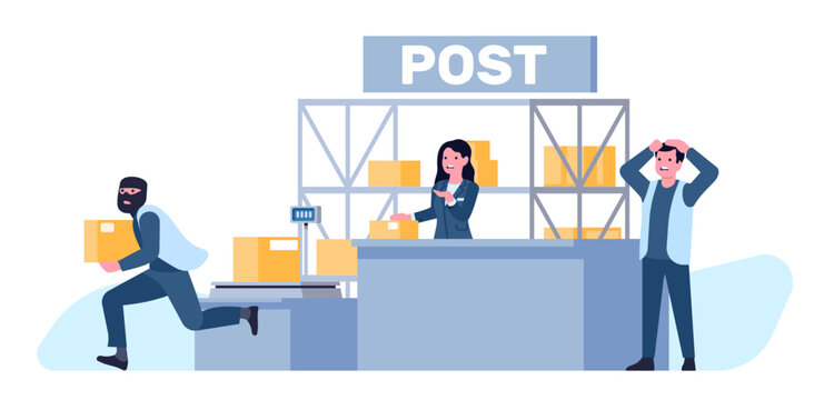 Black masked postal worker steals packages from post office. Theft at post office, cardboard parcel, man and woman worker, delivery warehouse. Cartoon flat style isolated vector concept
