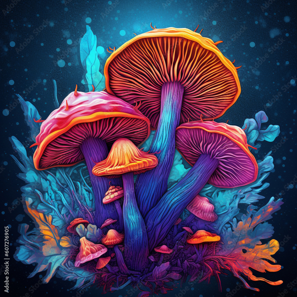 Poster a digital rendering of psychedelic mushrooms, with vibrant and surreal colors, representing their ha