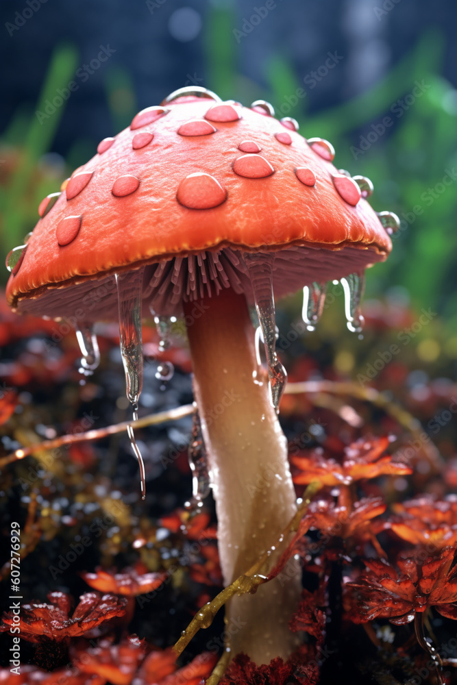 Poster  A macro photograph of a mushroom cap covered in dewdrops, creating a sense of freshness and capturing the delicate nature of the fungi. Generative AI technology.