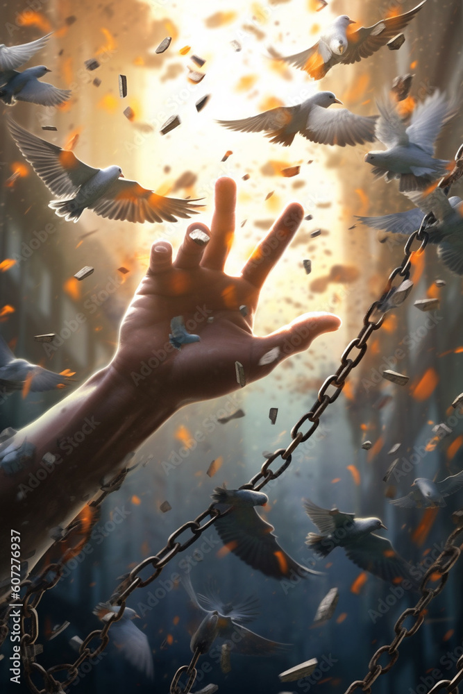 Poster an illustration of a human hand breaking free from chains, accompanied by rays of light and soaring 